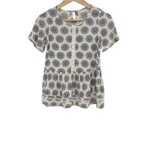 Tucker Tate Kids Girls Size L 10 12 Cream Navy Floral Print Lace Trim Peplum Top